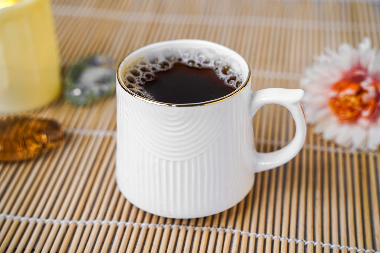 Textured White Teacup with Gold Rim - Modern Ceramic Design