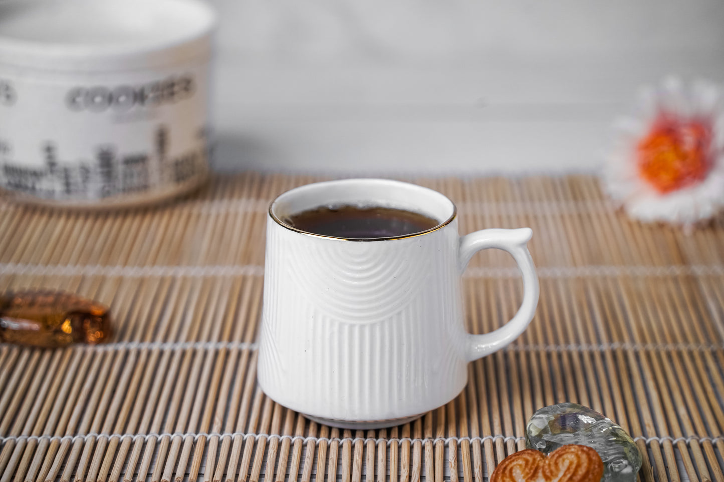 Textured White Teacup with Gold Rim - Modern Ceramic Design