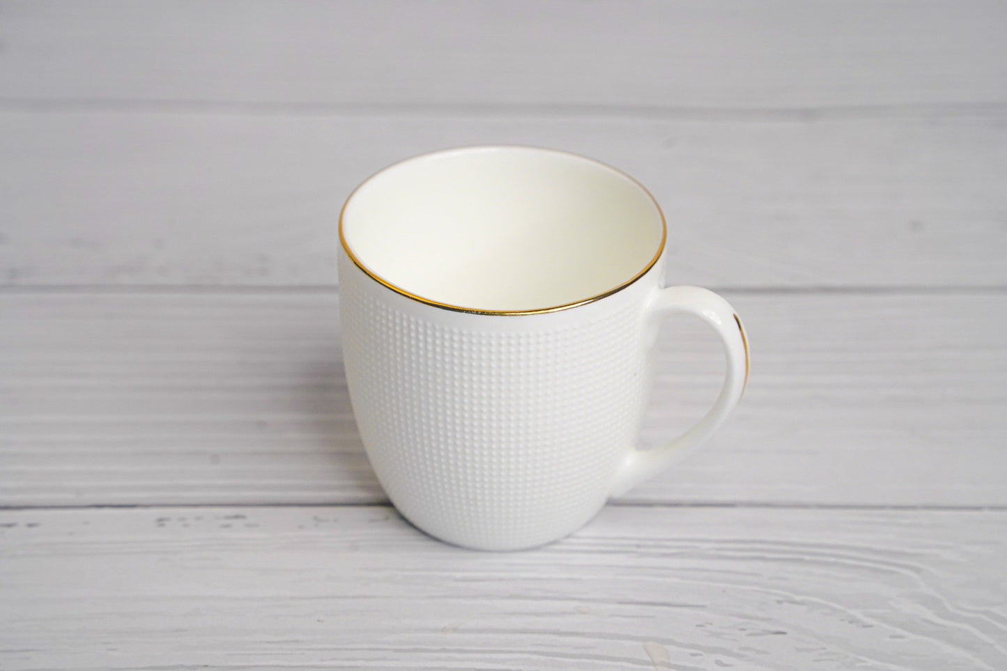 White teacups with gold trim, elegant set of 6, perfect for tea