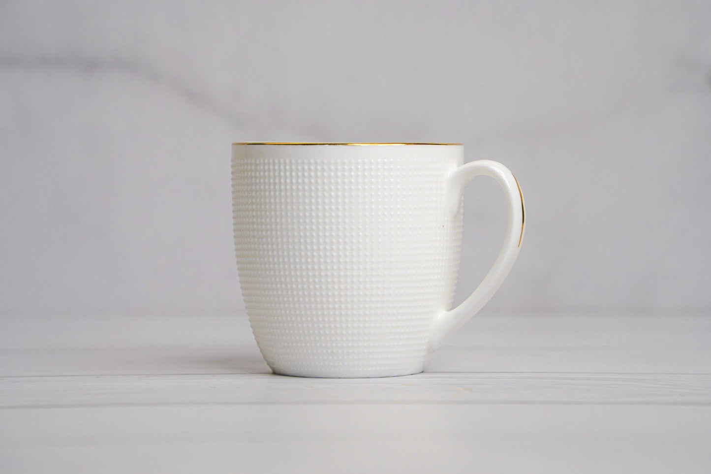 White teacups with gold trim, elegant set of 6, perfect for tea