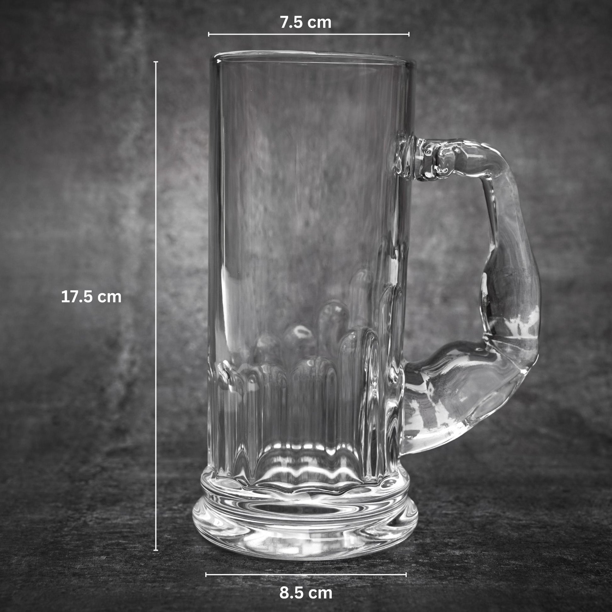 Muscular Handle Beer Mug - Clear Glass, 500ml capacity
