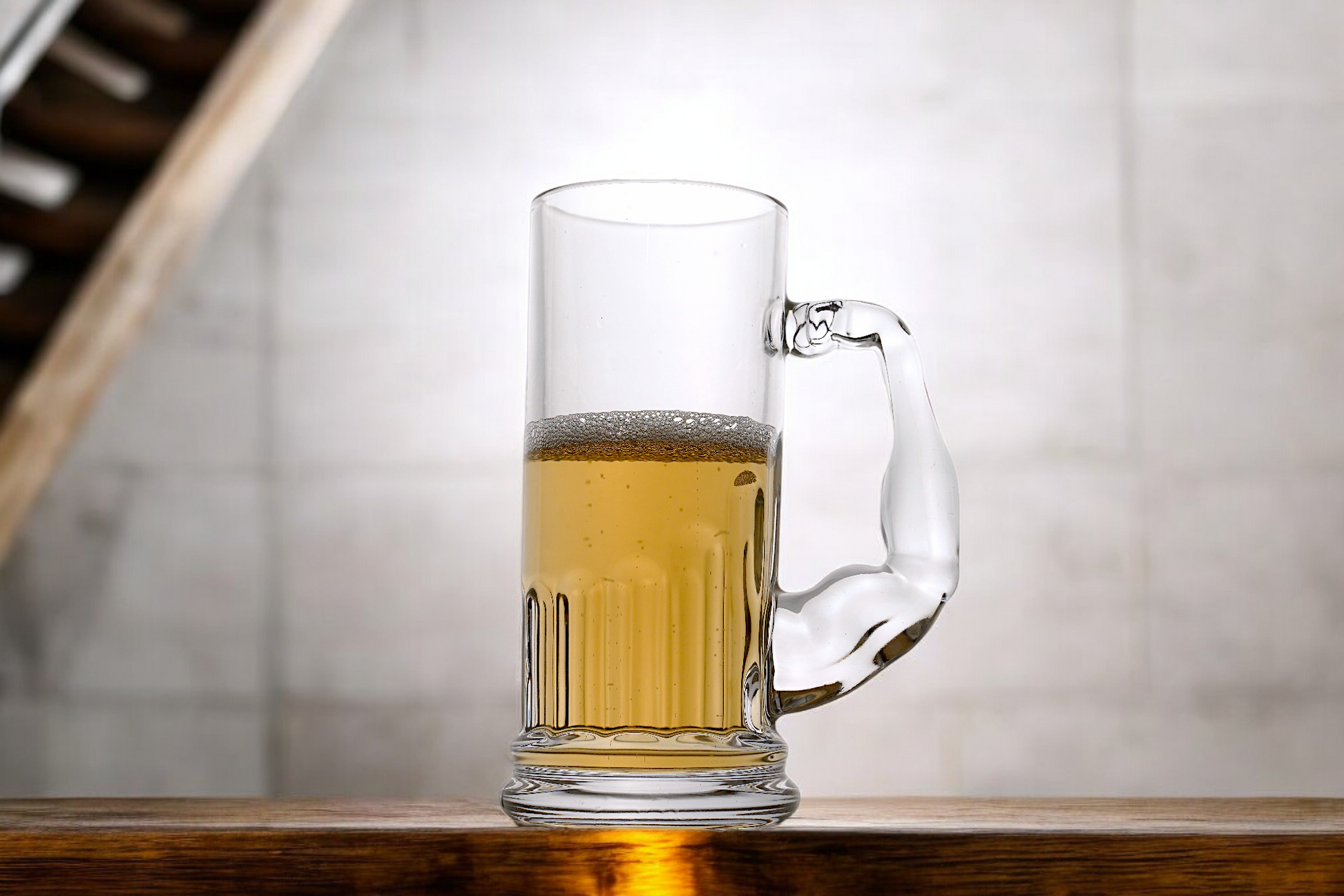 Muscular Handle Beer Mug - Clear Glass, 500ml capacity
