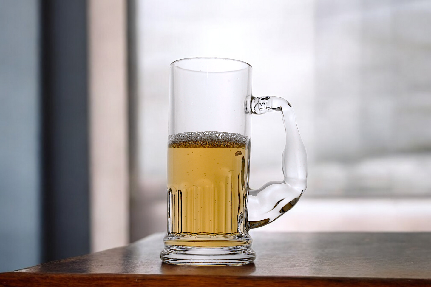 Muscular Handle Beer Mug - Clear Glass, 500ml capacity
